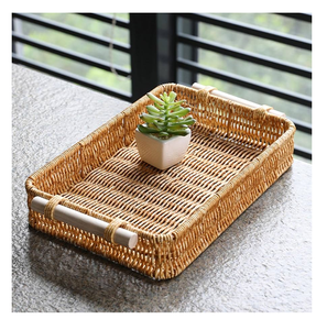 Rectangular Rattan woven Serving Storage <b>Tray</b> With Handles For Coffee Snack <b>Breakfast</b> Cane Serving Platter For Kitchen Tableware - Product Image 6