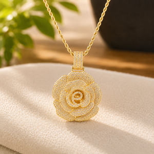 Collier pendentif breloque fleur de rose plaqué or blanc, serti de moissanite VVS1, bijoux hip-hop, cadeau - Product Image 2