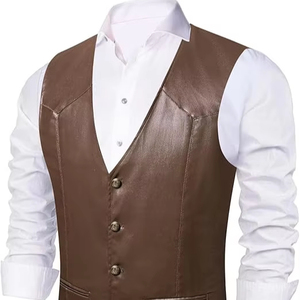 Men's <b>Brown</b> PU Leather <b>Vest</b> V-Neck Single Breasted Casual Outerwear Autumn Solid Color Button Closure Regular Length - Product Image 6