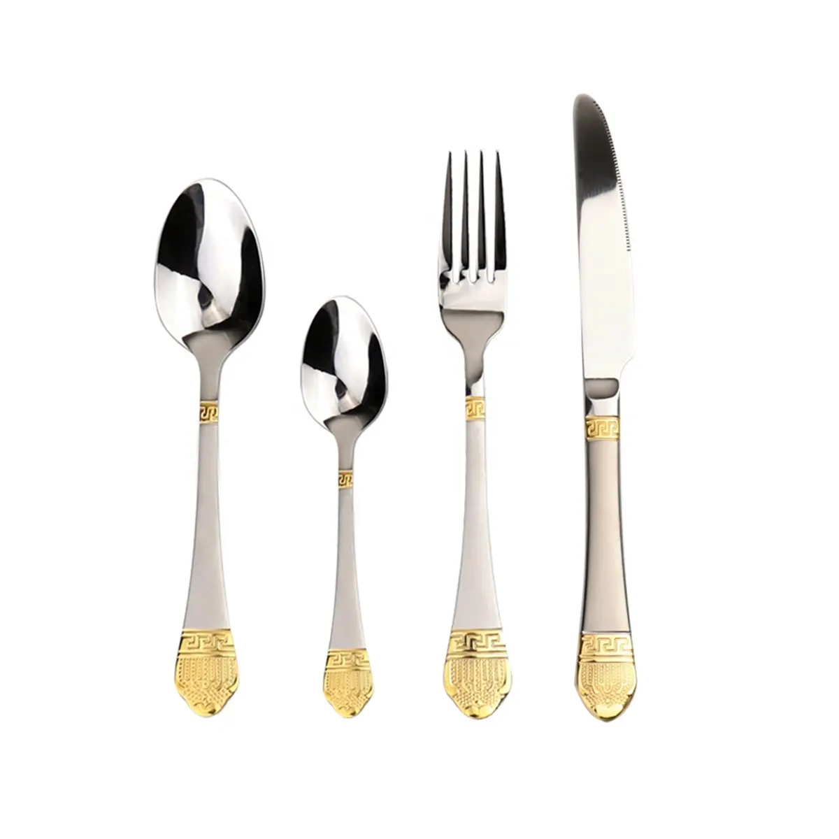 カトラリーセットスプーンナイフとフォークステンレス鋼ソリッドメタルエレガントなデザインのハンドルシルバーとゴールドの食器メッキカトラリー