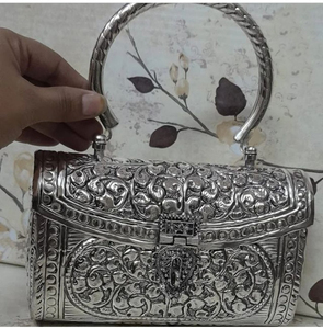 Handmade Metal Floral Flap Clutch Evening Party <b>Bag</b> With Ring Handle Elegant Decorative Beading Rectangle Shape - Product Image 3