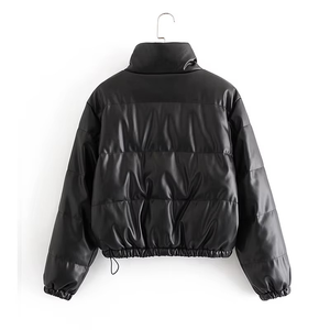 Parkas cortas gruesas y cálidas de invierno para mujer, abrigos de cuero PU negro a la moda, chaquetas elegantes de algodón con cremallera para damas - Product Image 5