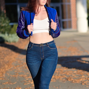 Veste courte universitaire pour femme, bleu roi et violet, style Letterman, manteau bomber, manches en similicuir, vêtement d'extérieur décontracté, mode féminine - Product Image 3