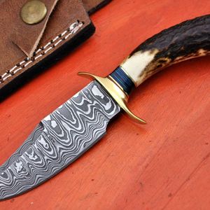 Cuchillo de caza de hoja fija de acero de Damasco con punta caída, mango de cuerno y guardacuchillo de latón - Product Image 2