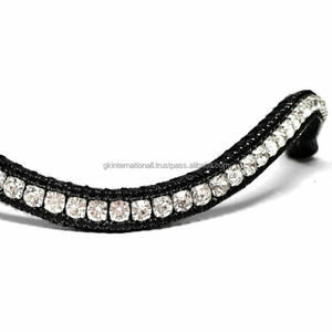 Banda frontal para caballo de cuero inglés negro, diseñada con 3 hileras de cristales blancos y negros, banda frontal brillante con pedrería. - Product Image 6
