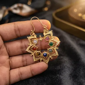 Natural 7 Chakra Brass <b>Earrings</b> | Handmade Healing Crystal <b>Earrings</b> | Gold Plated Brass Gemstone Dangle <b>Earrings</b> | Wholesale Jew - Product Image 1