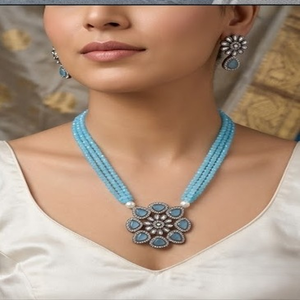 DIVYORO Women's Traditional TRIPLE-STRAND <b>BLUE</b> BEAD <b>NECKLACE</b> with FLORAL PENDANT Adjustable Length - Product Image 4
