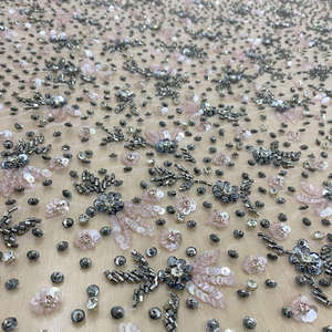 Tela de Malla con Cuentas Hecha a Mano, Bordado Floral en Color Champán Dorado, Encaje para Vestidos de Novia de Lujo y Alta Costura - Product Image 3