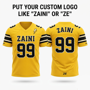 เสื้อฟุตบอลอเมริกันหญิง ผ้าโพลีเอสเตอร์ตาข่ายพรีเมียม 260 GSM สีเหลืองดำ แบบสั่งทำพิเศษ ปักลายแบบซับลิเมชั่น  รีดร้อน - Product Image 1