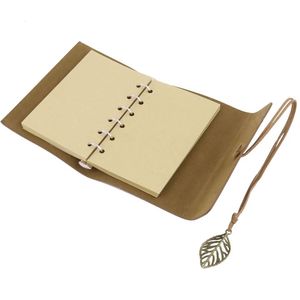 Leather Cover <b>Leaf</b> Pattern Drawstring Closure Design Vintage Style A6 Diary Notebook Sewing Binding Gift Brown - Product Image 3