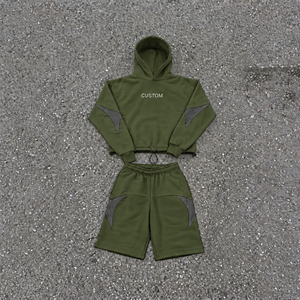 Custom Men’s solid Hoodie and Shorts Tracksuit <b>Set</b> Streetwear <b>Two</b> <b>Piece</b> Sweat Suit with Contrast <b>Mesh</b> Panels Adjustable Hem - Product Image 4