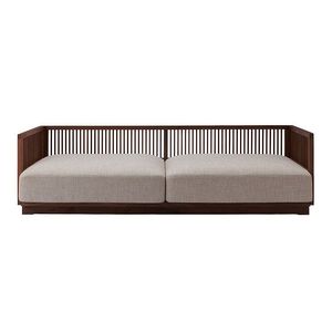 Sofá moderno de lujo con listones de madera maciza y cojines de tela elegantes para muebles de vestíbulo de hotel de alta gama. - Product Image 1