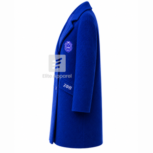 Manteau long en laine personnalisé de la sororité Zeta Phi Beta, logo brodé sur le devant, bleu et blanc, manches longues, pour femme. - Product Image 4