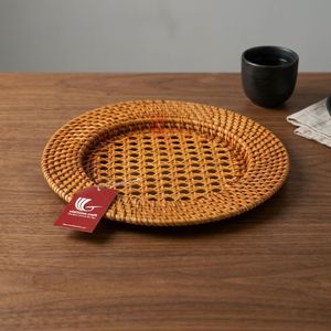 Round Woven Rattan Serving Tray Handcrafted Natural <b>Bamboo</b> Charger Plate for Wedding <b>Table</b> Decor - Product Image 2