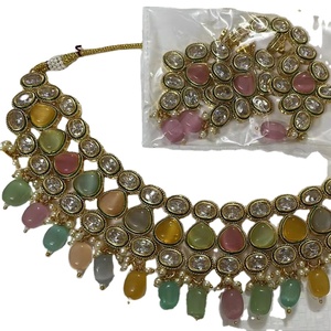 Handmade Jewellery Indo Western <b>Stone</b> Necklace Set Gold Plating Wholesalers India Multi <b>Coloured</b> Kundan Lightweight Wedding Wear - Product Image 4