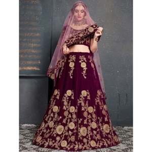 Purple Embroidered Velvet <b>Wedding</b> Lehenga Choli for Bride with Pearls and Sweetheart Neckline - Product Image 5