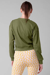 Sweat-shirt vert pour femme, best-seller, tricoté, doux au toucher, col rond, boutons aux épaules, manches longues, pour le sport et la gym - Product Image 3