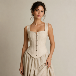 Robe Corset Vintage Renaissance pour Femme, Top Corset Overbust Beige en Coton et Lin avec Jupe, Corset Amincissant à Baleines en Acier - Product Image 6