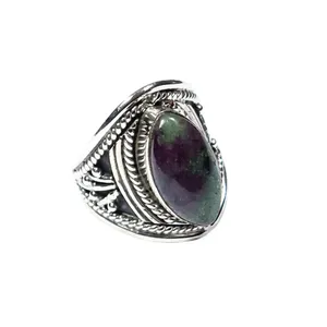 925 Sterling Silver Ruby Zoisite Gemstone Ring Handmade Oval Stone Bezel Set Bohemian Geometric Design Unisex Everyday Wear - Product Image 1
