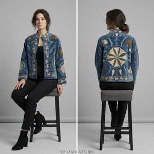 Elegant Blue Cotton Embroidered Mandarin Collar Bomber <b>Jacket</b> Floral <b>Pattern</b> Full Sleeve Autumn Regular Length <b>Quilted</b> Linen - Product Image 2
