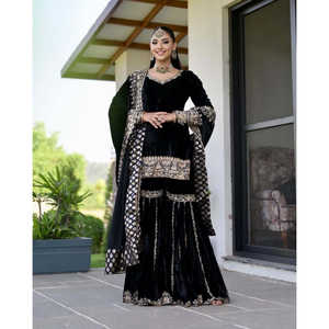 Ensemble haut-sharara et dupatta pour femmes, vêtements de soirée, avec broderie lourde et travail de séquence - Product Image 3