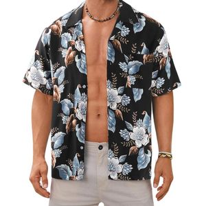 Black Custom Blue Floral Print <b>Camp</b> Collar <b>Shirt</b> Short Sleeve Tropical Resort Vacation Beach Summer Style - Product Image 2