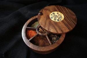 Wooden Round Spice <b>Box</b> With Divided Compartments <b>Floral</b> Inlay Carved Lid Traditional Design For Kitchen Storage - Product Image 5
