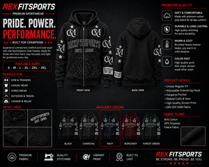 เสื้อฮู้ดดี้ผู้ชายสีดำแบบซิปเต็มตัวลายกราฟิก REXFITSPORTS 2026 ผ้าฝ้ายผสมโพลีเอสเตอร์เนื้อฟลีซ 280-300 GSM เสื้อฮู้ดสตรีทแวร์แบบสั่งทำพิเศษ - Product Image 1