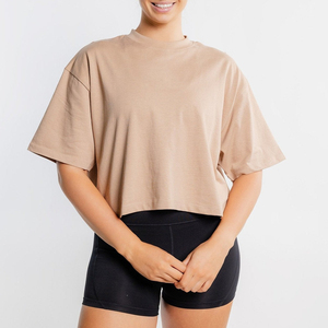 Top Corto de Alta Calidad, 210 g/m², 100% Algodón, Corte Holgado, Color Sólido, Manga Corta, Cuello Redondo, para Mujer - Product Image 4