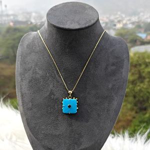 Boho fashioned big blue turquoise <b>black</b> onyx CZ checker cut square <b>pendant</b> <b>necklace</b> adjustable needle layering unisex gold brass - Product Image 6