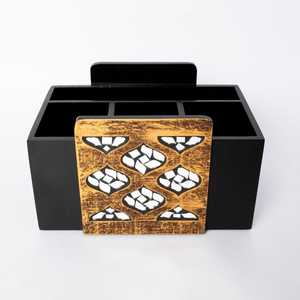 Caja organizadora de bolsitas de té de madera negra con incrustaciones florales, estuche de almacenamiento de doble compartimento, soporte para sobres de café para encimera - Product Image 3