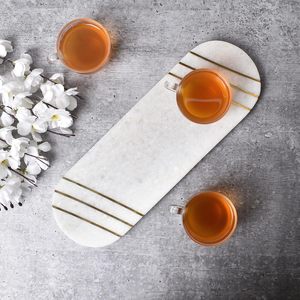 Luxury White Marble Oval Decorative Tray with Gold Inlay Accents for <b>Coffee</b> <b>Table</b>, Vanity Organizer and Home Decor Display - Product Image 2