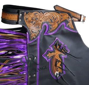 Premium Custom Handmade Cowhide Leather Rodeo Chaps with Hand-Tooled Floral Yoke, Cross Applique, and Purple Fringe - Product Image 2
