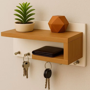 Porte-clés en bois artisanal avec étagère |   Porte-clés mural poli pour entrée avec porte-lettres et crochets pour la maison - Product Image 1
