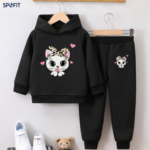 Ensemble sweat à capuche et pantalon pour filles, motif chat rose de dessin animé, 100 % coton, survêtement décontracté d'automne, manches longues, taille élastique - Product Image 2