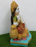 Patung Dewi Ganga Devi dari Marmer Buatan Tangan, Murti Dewi Berukir Putih Merah Emas untuk Dekorasi Rumah dan Kuil