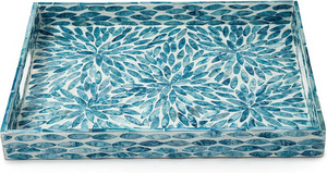 Set of 2 rectangular mother-of-pearl inlaid trays with <b>blue</b> floral patterns, serving trays with handles. - Product Image 3