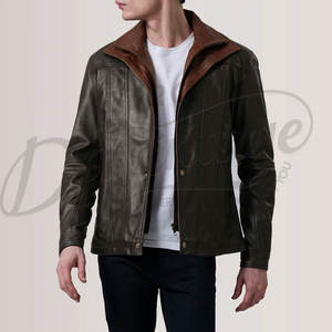 Veste en cuir olive foncé pour homme avec col contrastant marron, en véritable peau de mouton, coupe ajustée, pour l'automne et l'hiver, style décontracté, veste moto superposée - Product Image 6