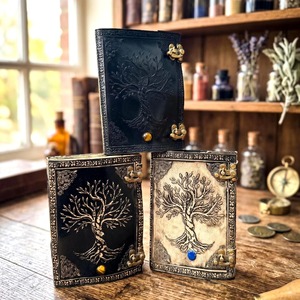 Tree Life Leather Journal Handmade Vintage A5 Notebook <b>Sewing</b> Bound Gift 2 Color Choices 220 Vintage Paper Brass Locks - Product Image 3