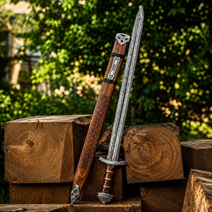 Par de espadas vikingas |   Funda de espada de acero de Damasco grabada a mano de alta calidad |   SAZ ENTERPRISES Norse Ragnar El Mejor Regalo de Navidad - Product Image 3