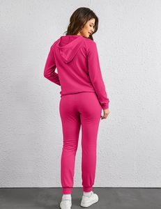 Ensemble de survêtement rose à capuche pour femme, manches longues, couleur unie, sweat-shirt et pantalon décontractés avec poches latérales, polyester respirant - Product Image 4