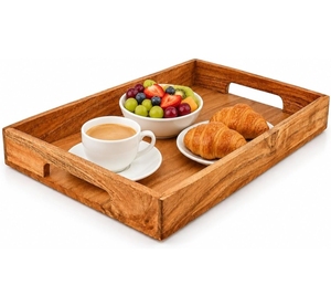 Plateau de service en bois avec poignées et finition polie pour cuisine, restaurant, hôtel, café, petit-déjeuner, vente en gros, export en vrac - Product Image 1