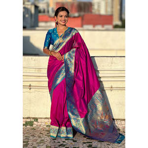 Sari en soie magenta Elite Weaves avec pallu Paithani et Kadiyal Zari tissé, sari ethnique pour soirée, réversible et extensible - Product Image 1