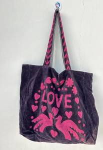 Wholesale Custom Handmade Purple Velvet Tote <b>Bag</b> Featuring Pink LOVE Lettering Doves <b>Hearts</b> and Floral Applique Embroidery Chic - Product Image 2