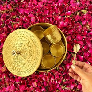 Antique Style Brass Masala Dabba with 7 Spice Containers Spoon Handmade Kitchen Storage <b>Box</b> OEM ODM Bulk Manufacturer India - Product Image 3