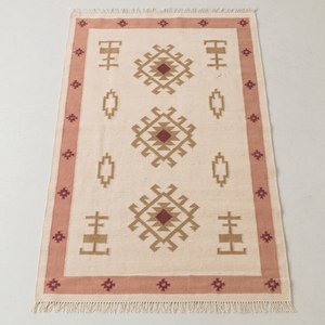 Tapis élégant en jute tissé à la main, crème terre cuite, motif géométrique moderne en losanges, à franges, antidérapant, épais, pour salon - Product Image 1