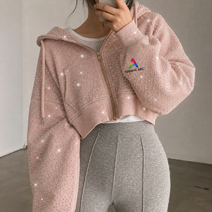 Sweat-shirt vintage de luxe à fermeture éclair, vente en gros, mode, entièrement orné de strass, coupe courte, en coton tricoté épais pour femme, style streetwear, fournisseur - Product Image 1