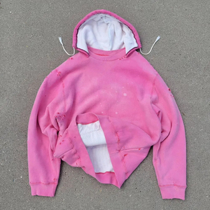 Sweat-shirt rose oversize à capuche, design découpé et vieilli, en tissu French Terry unisexe, coupe ample, livraison mondiale - Product Image 2