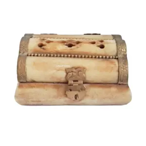 Old Look <b>Vintage</b> Carved Camel Bone and Brass Trinket <b>Box</b> - Product Image 1