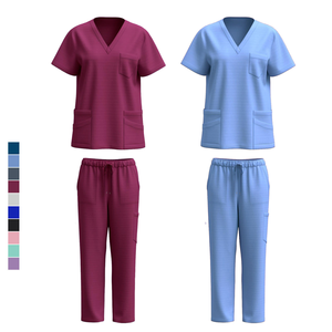 Tenues médicales pour femmes, ensembles de blouses et pantalons à col en V et manches courtes, uniformes d'hôpital en coton et polyester tissé respirant pour infirmières et médecins - Product Image 1